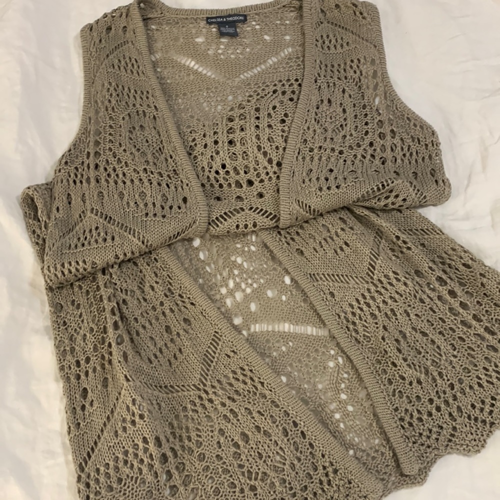 Chelsea & Theodore Crochet Knit Long Vest Beige Small